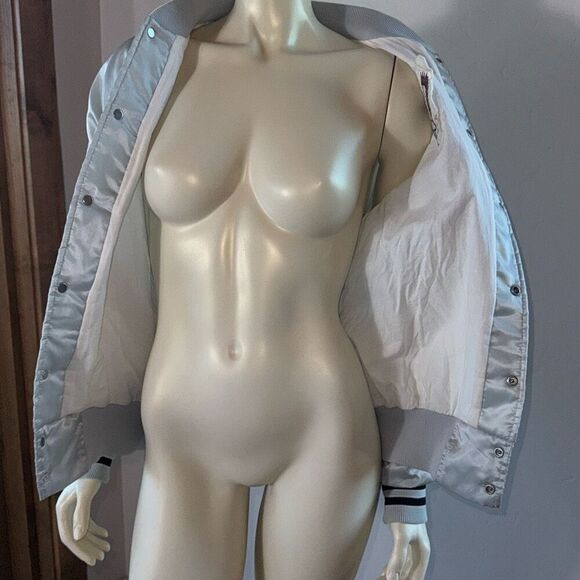 Vintage Satin Silver Gray Striped Rare Eagle Patch Nylon Bomber Jacket Men’s Lar - Picture 11 of 13